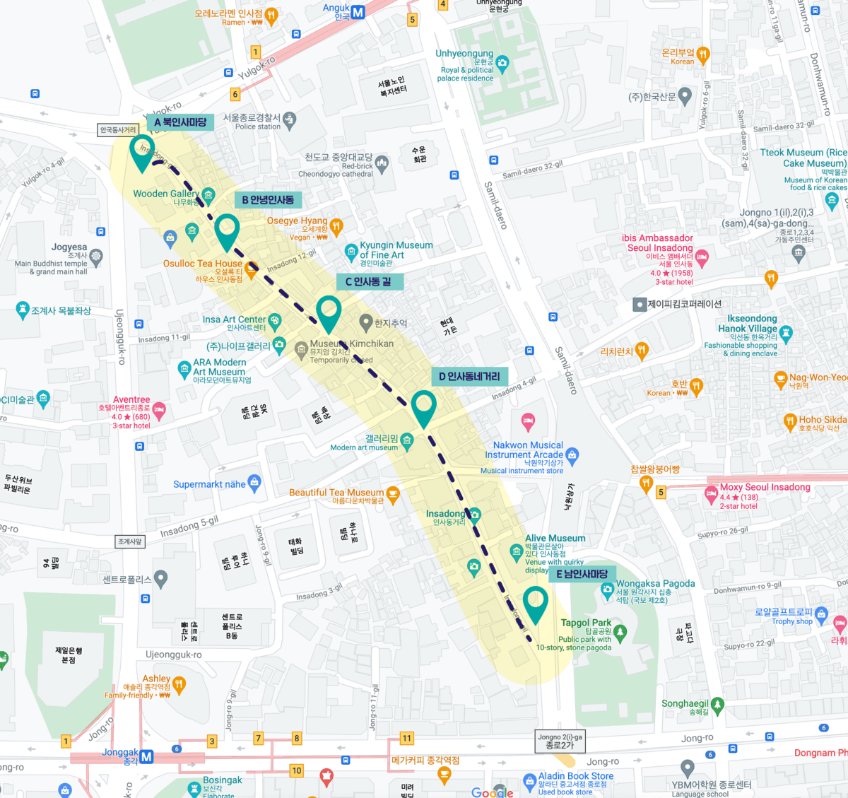 인사동길 내 증강현실 콘텐츠 위치